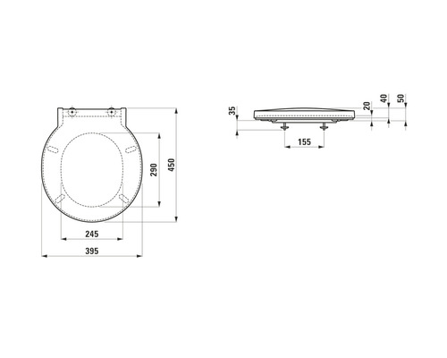 Schéma coté d''un siège de WC avec des dimensions de 450 x 395 mm