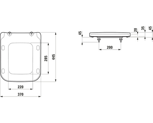 Technische Zeichnung eines WC-Sitzes mit Maßangaben