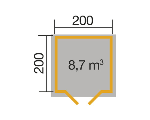 Plan avec les dimensions 200 centimètres sur 200 centimètres et un volume de 8,7 mètres cubes