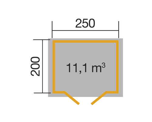 Plan avec les dimensions 250 sur 200 et un volume de 11,1 mètres cubes