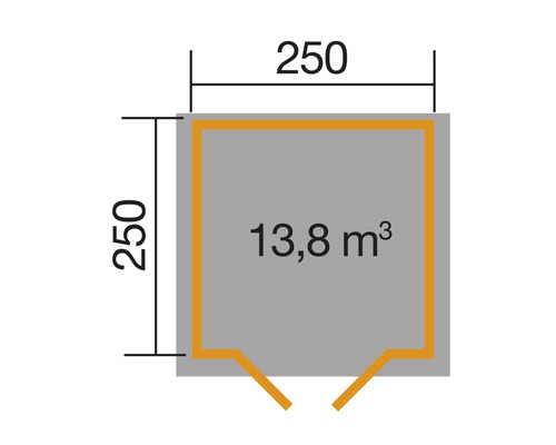 Plan avec les dimensions 250 x 250 cm et un volume de 13,8 mètres cubes