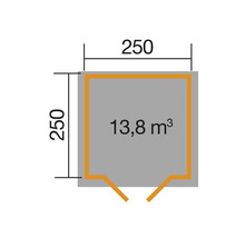 Plan avec dimensions 250 x 250 cm et volume de 13,8 mètres cubes