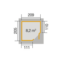 Plan avec les dimensions 205 sur 209 sur 110 sur 111 et 8,2 mètres cubes