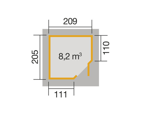 Grundriss mit den Maßen 205 mal 209 mal 110 mal 111 und 8,2 Kubikmeter