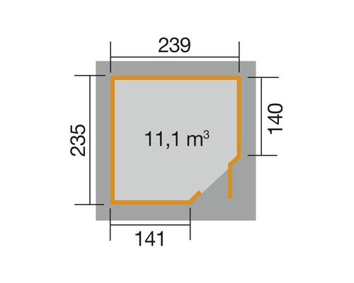Grundriss mit Abmessungen und Volumenangabe 11,1 Kubikmeter