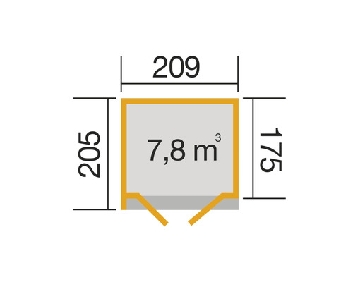 Plan avec des dimensions de 205 sur 209 sur 175 centimètres et un volume de 7,8 mètres cubes