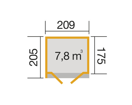 Plan avec des dimensions de 205 x 209 x 175 cm et un volume de 7,8 mètres cubes