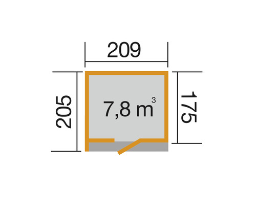 Plan avec dimensions : 205 x 209 x 175 centimètres, volume de 7,8 mètres cubes