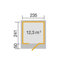 Grundriss mit den Maßen 235, 241 und einem Volumen von 12,3 Kubikmeter