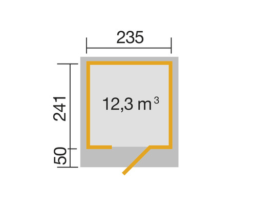 Grundriss mit den Maßen 235, 241 und einem Volumen von 12,3 Kubikmeter