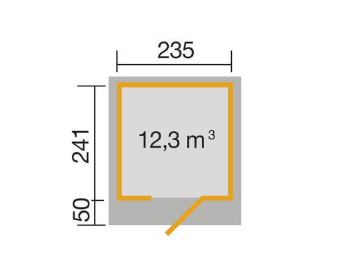 Grundrisszeichnung eines Gartenhauses mit den Massen 235 x 241 Zentimeter und einem Volumen von 12,3 Kubikmetern