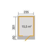 Grundriss mit Massangaben und Raumvolumen von 15,5 Kubikmeter