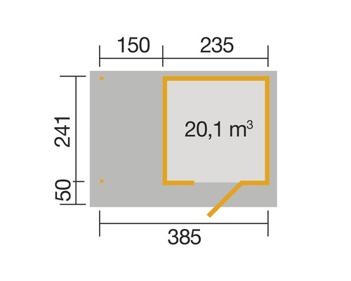 Grundriss mit den Maßen 385 x 241 cm und einem Rauminhalt von 20,1 Kubikmetern