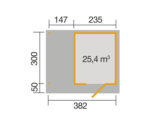 Plan avec les dimensions 382 x 300 cm et un volume de 25,4 mètres cubes