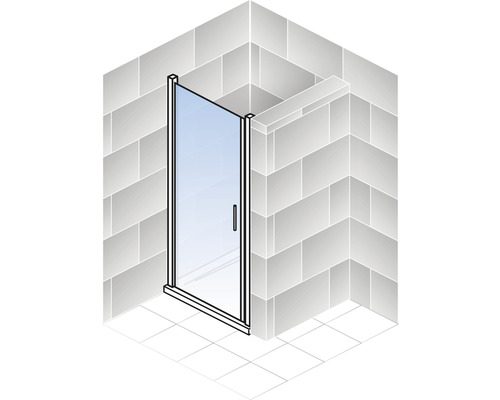 Douche d''angle avec porte en verre et poignée dans une salle de bain
