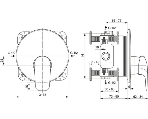 Technische Zeichnung einer Unterputz Armatur mit Maßangaben