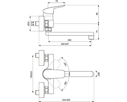 Dessin technique d''un robinet de lavabo avec des mesures