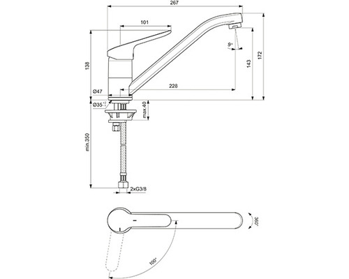 Dessin technique d''un robinet de cuisine avec cotes