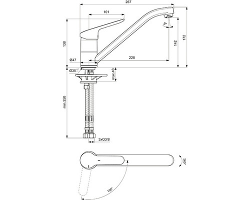 Dessin technique d''un robinet de cuisine avec dimensions