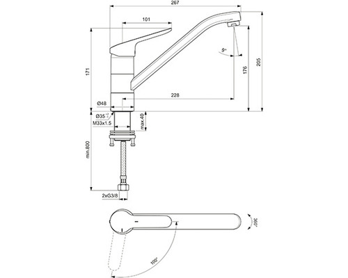 Dessin technique d''un robinet de cuisine avec indication des dimensions