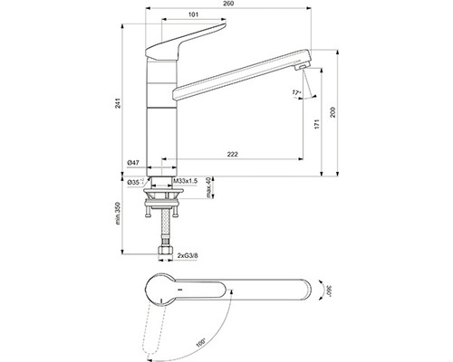Schéma technique d''un robinet de cuisine avec dimensions