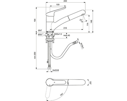 Schéma technique d''un robinet de cuisine avec dimensions