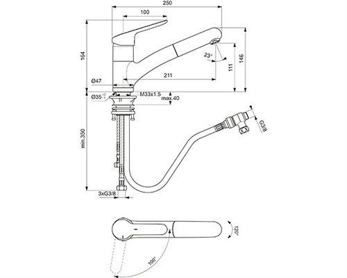 Schéma technique d''un robinet de cuisine avec indication des dimensions