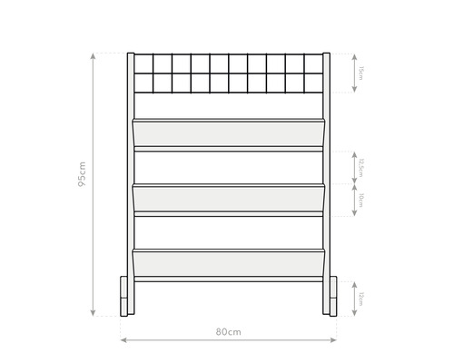 Représentation dimensionnelle d''un bac à plantes à plusieurs niveaux, d''environ 95 cm de haut et 80 cm de large.