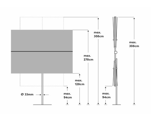 Schéma coté d''un lampadaire d''une hauteur maximale de 308 centimètres
