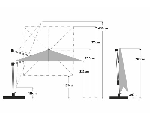 Technische Zeichnung eines Sonnenschirms mit Maßangaben