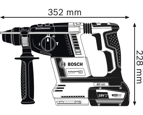 Marteau perforateur Bosch avec des dimensions de 352 mm de long et 228 mm de haut.