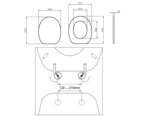 Schéma technique d''un siège de WC avec indications de dimensions