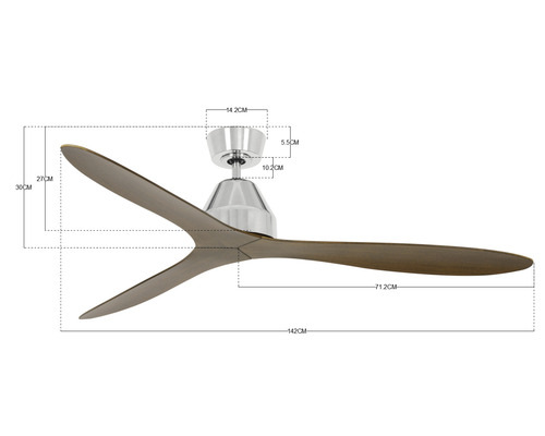 Deckenventilator mit Abmessungen.