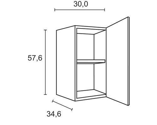 Dessin technique d''un meuble haut avec des dimensions de 57,6 x 30,0 x 34,6 cm.