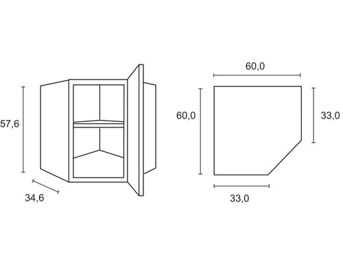 Schéma technique d''un meuble haut d''angle avec dimensions