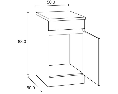 Dessin technique d''un meuble bas avec porte et dimensions 50,0 x 60,0 x 88,0 cm.