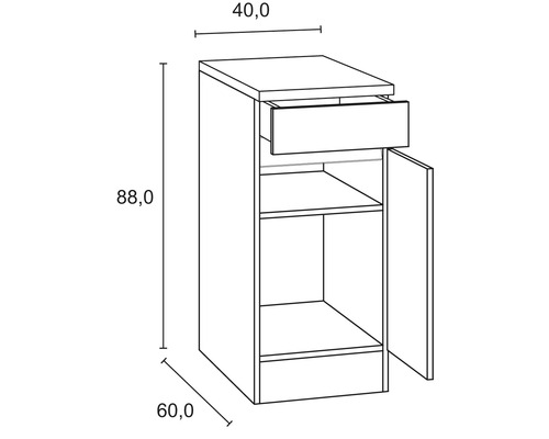 Dessin technique d''un meuble bas avec tiroir, porte et étagères avec dimensions