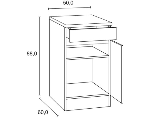 Schéma d''un meuble bas avec tiroir, porte ouverte et étagères avec dimensions.