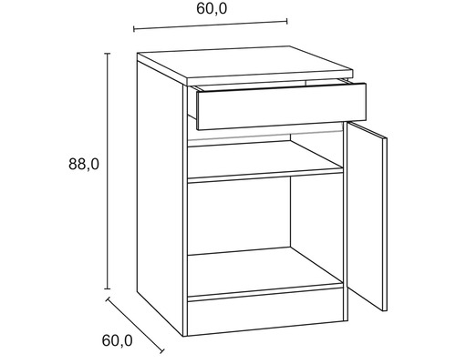 Dessin d''un meuble bas avec un tiroir, un compartiment ouvert et une porte. Les dimensions du meuble sont de 60 sur 60 sur 88 centimètres.
