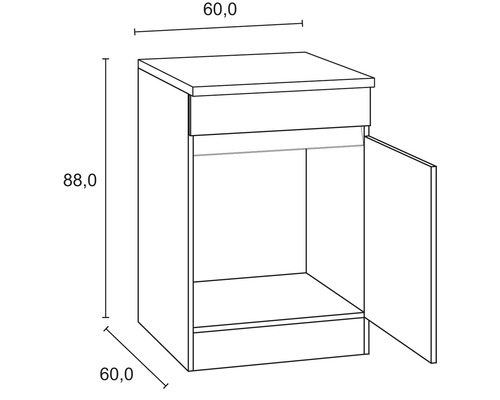 Schéma d''un meuble bas de salle de bains avec porte et tiroir et indications de dimensions