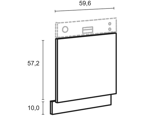 Technische Zeichnung einer Möbelfront mit Maßangaben: 59,6 cm breit, 57,2 cm hoch, 10,0 cm Sockelhöhe