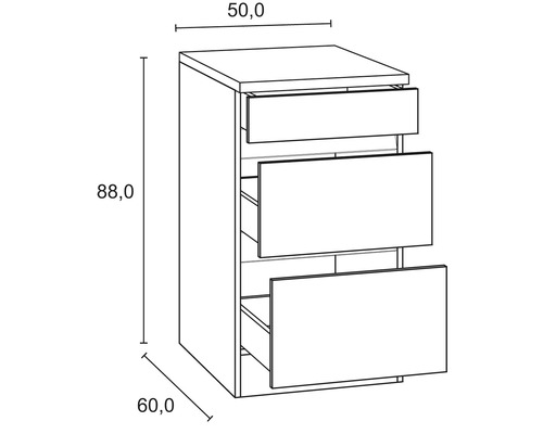Schéma d''un meuble bas avec trois tiroirs et dimensions