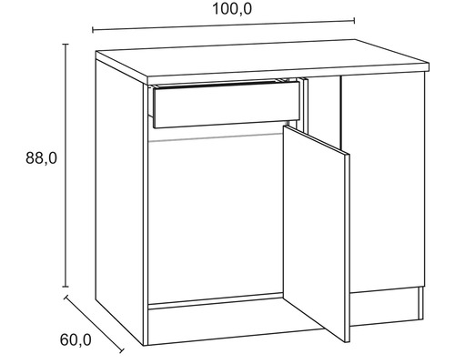 Dessin technique d''un meuble bas avec tiroir, porte et dimensions