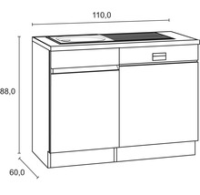Schéma d''un meuble sous-lavabo avec évier, rangement et tiroir, dimensions 110 x 88 x 60 cm