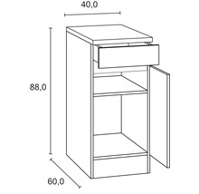 Technische Zeichnung eines Unterschranks mit Schublade und Tür mit den Maßen 40,0 x 60,0 x 88,0 cm