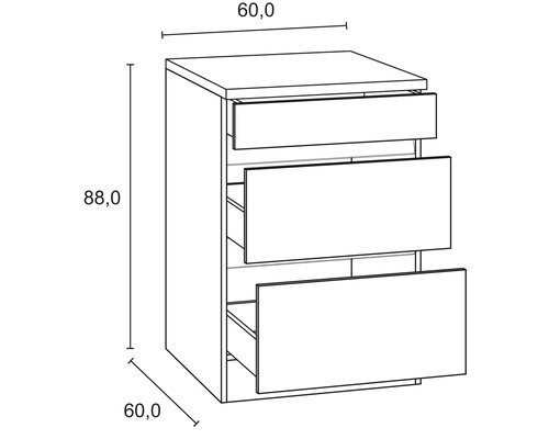 Schéma d''un meuble bas avec trois tiroirs et indications de dimensions