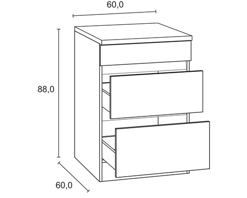 Dessin d''une armoire avec deux tiroirs ouverts et indications de dimensions.