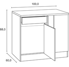 Dessin technique d''un meuble sous-vasque de salle de bains avec tiroir et porte, ainsi que des indications de dimensions