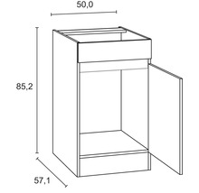 Schéma d''un meuble bas avec les dimensions 50,0 x 57,1 x 85,2 cm.
