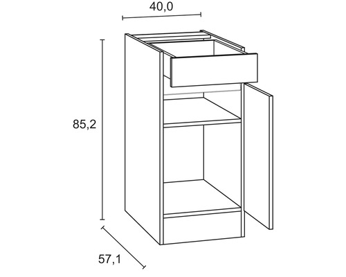 Dessin technique d''un meuble bas de cuisine avec tiroir, porte et dimensions.